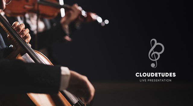 CloudEtudes: string players performing under stage light, beside the CloudEtudes mark
