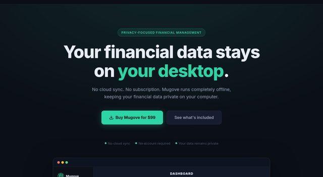 The Mugove website, showing the headline: your financial data stays on your desktop